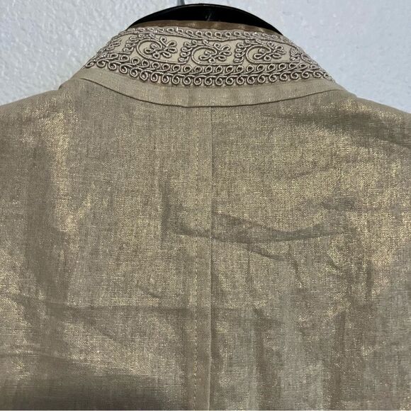 Peter Nygard Boho Gold Linen Blend Mandarin Collar Embellished Open Waist Vest M - Picture 6 of 14